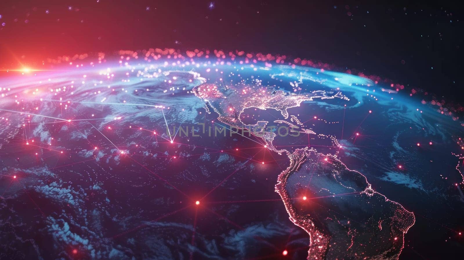 Abstract Background with interconnected glowing lines surrounding the globe. Generative AI by golfmerrymaker