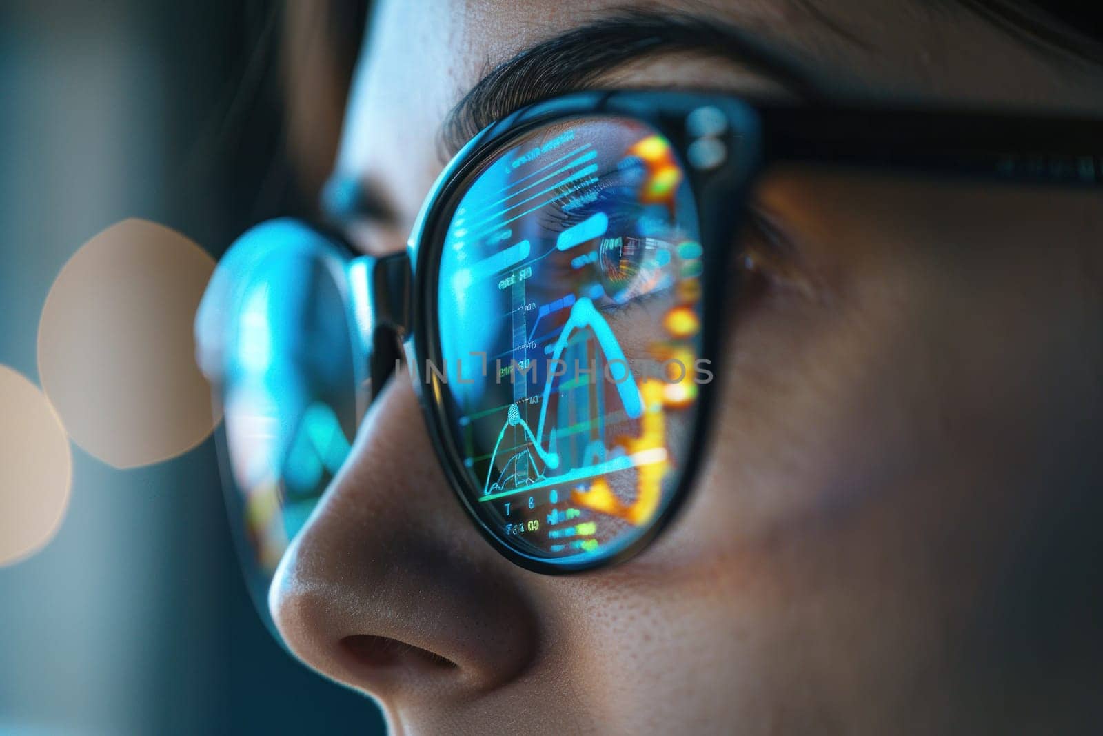 A close-up of a person's face, with a reflection of graphs and numbers in their glasses. Generative AI by golfmerrymaker