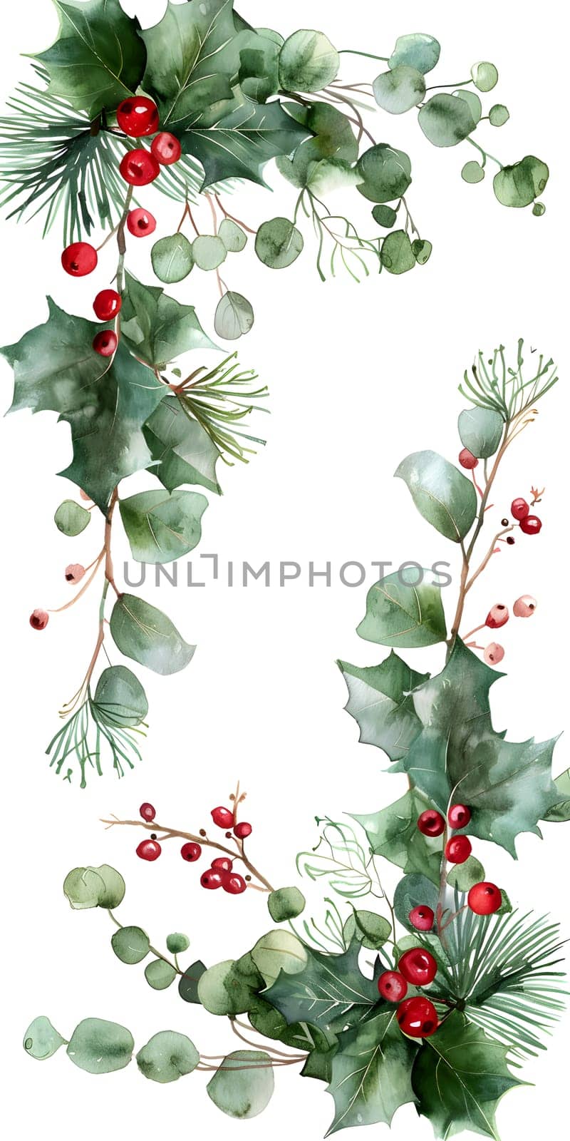 Watercolor painting of Christmas wreath with holly, berries, and pine needles by Nadtochiy