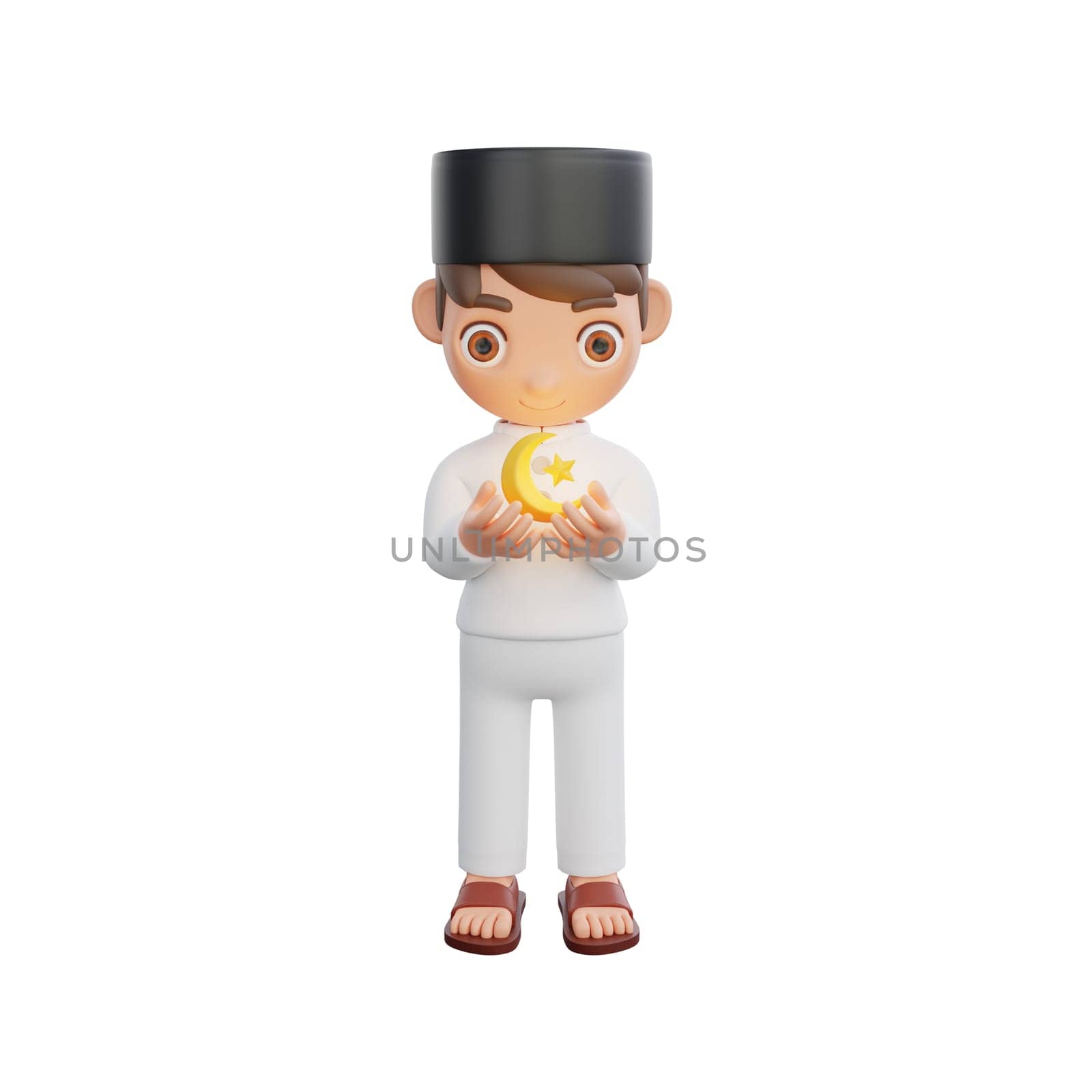 3D Illustration of Muslim character joyful holding a glowing crescent moon and star, perfect for Ramadan kareem themed projects