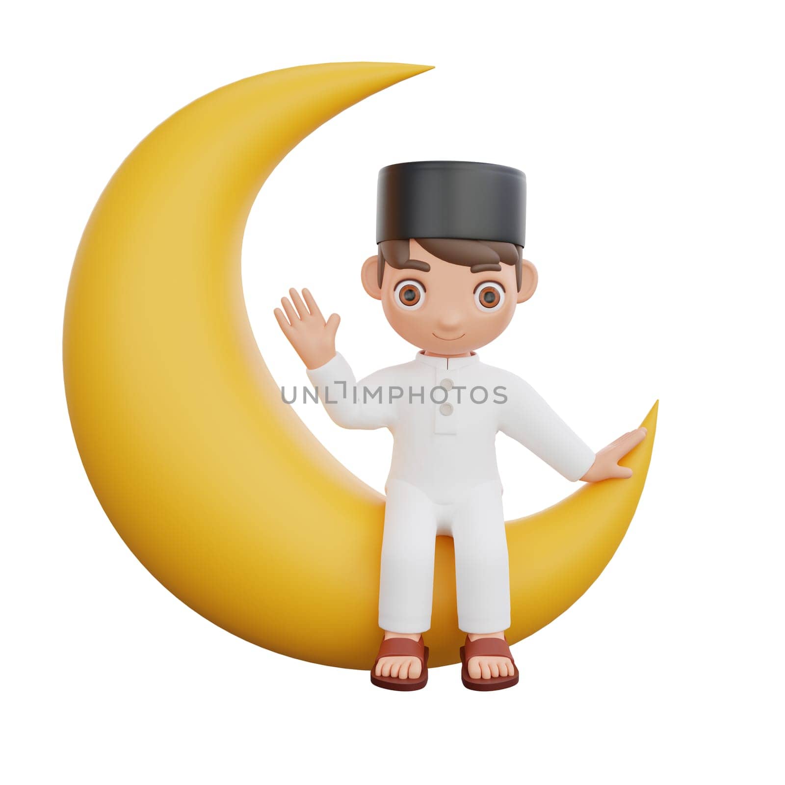 3D Illustration of Muslim character joyful waving hello while sitting on a bright crescent moon, perfect for Ramadan kareem themed projects