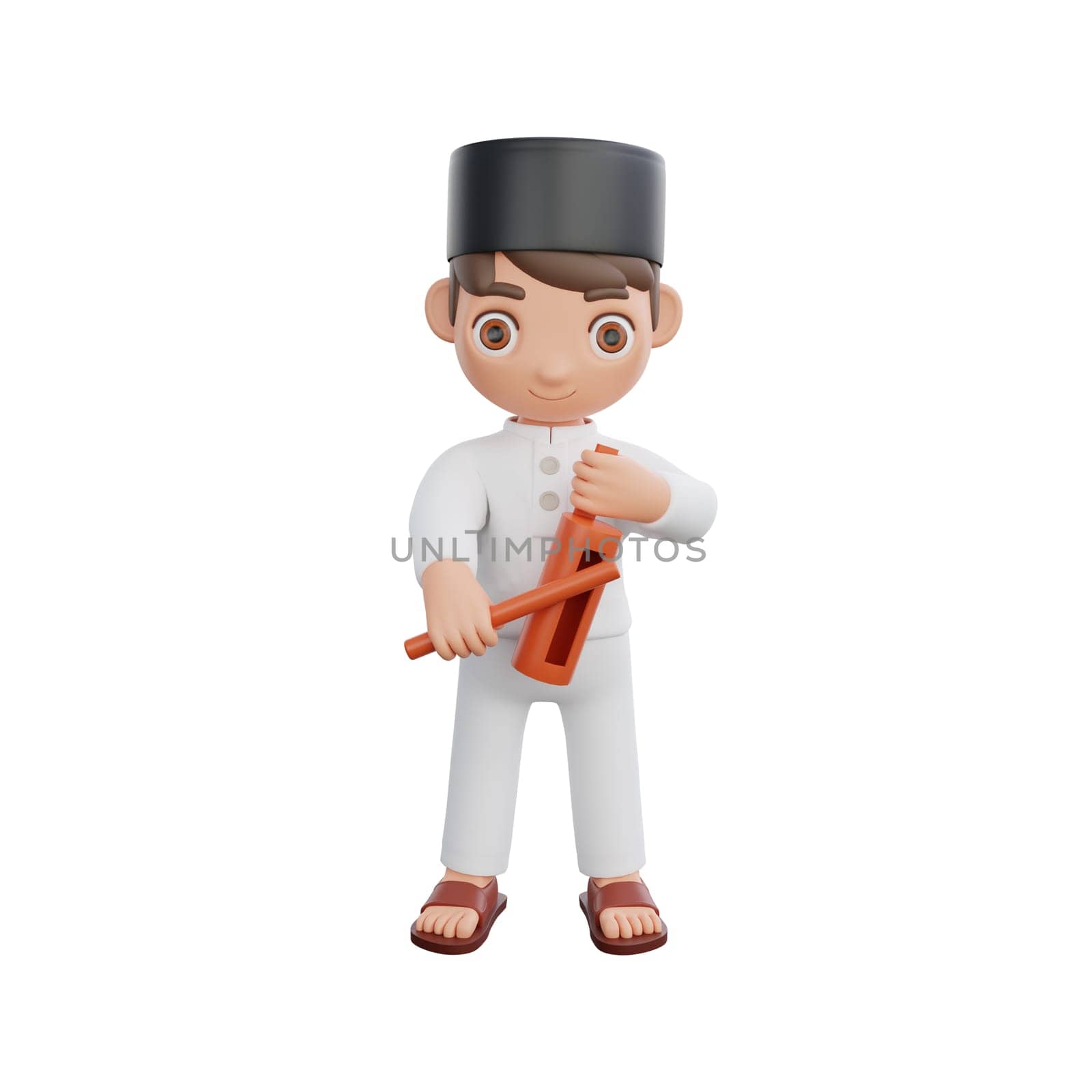 3D Illustration of Muslim character waking up for Sahur, using traditional Indonesian tools, perfect for Ramadan kareem themed projects