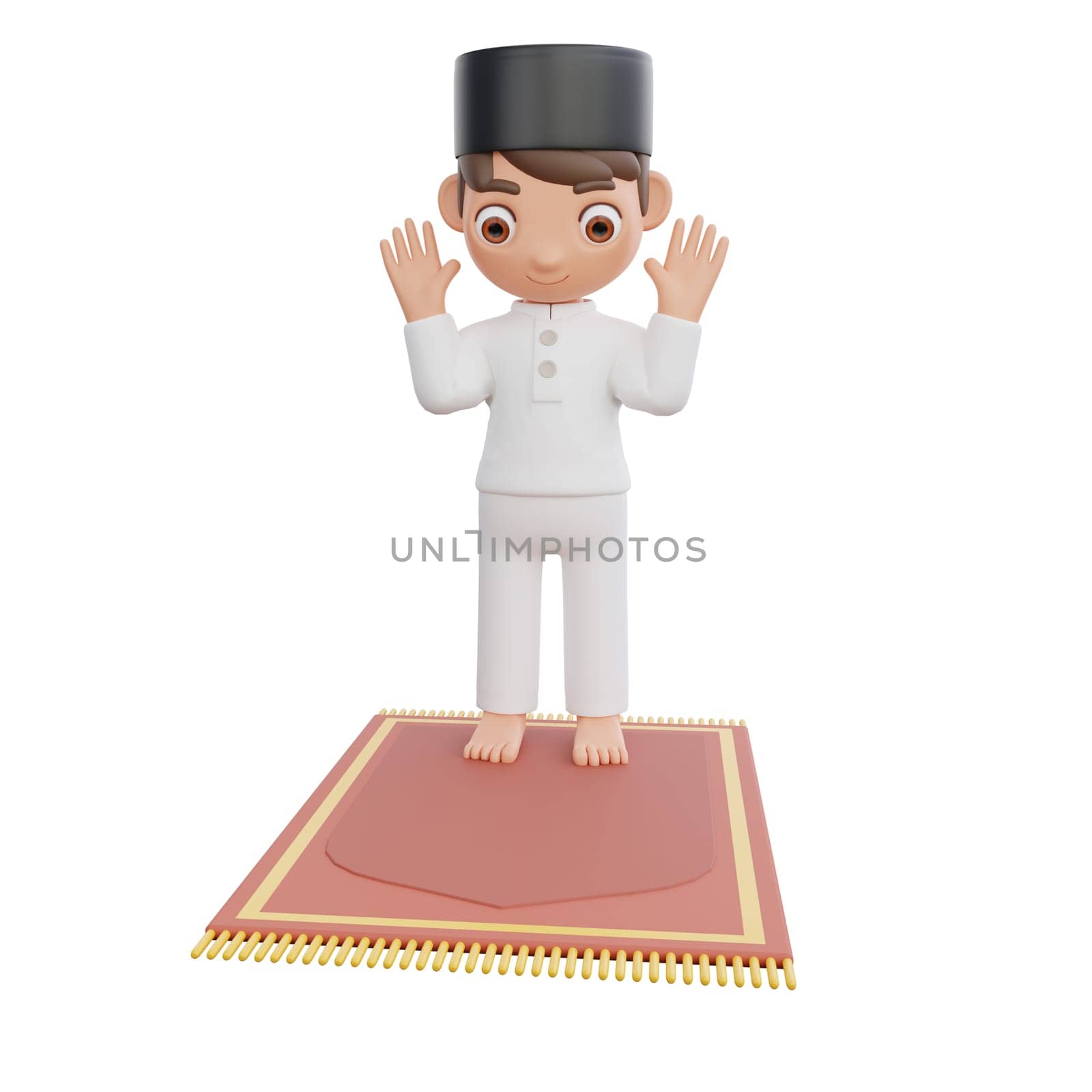 3D Illustration of Muslim character performing prayer movements on a prayer mat, perfect for Ramadan kareem themed projects