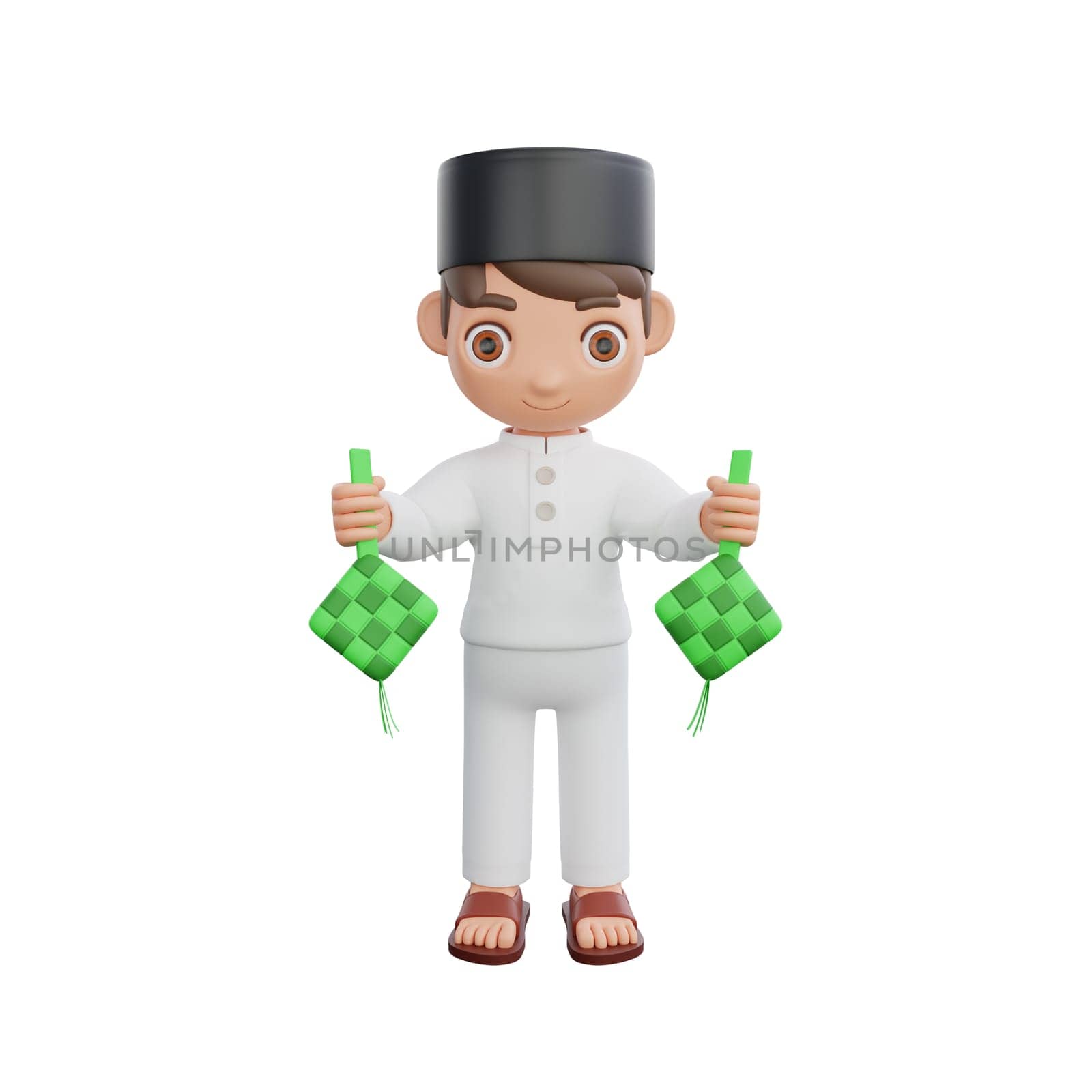 3D Illustration of Muslim character holding ketupat in both hands, perfect for Ramadan kareem themed projects
