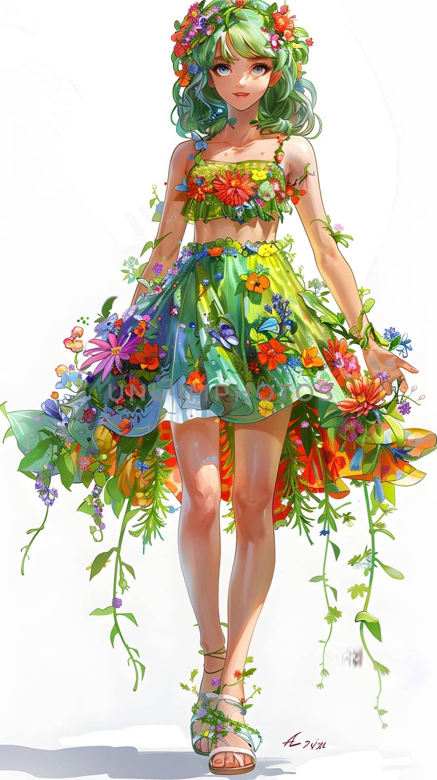 A doll in a floral dress holding a bouquet of flowers with green hair by Nadtochiy