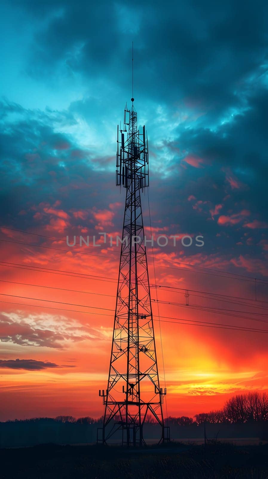 Tower silhouette against colorful sunset sky, afterglow in the atmosphere by Nadtochiy