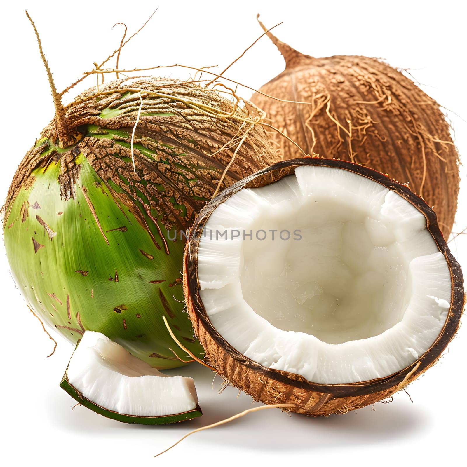 Two regular coconuts and one green coconut are displayed on a white background. Coconuts are a staple food and natural ingredient produced by terrestrial plants