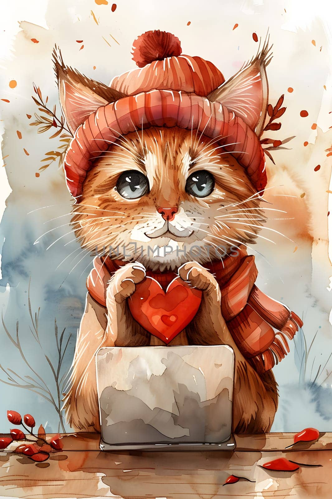 A Felidae wearing a hat and scarf is holding a heart and a laptop. Its whiskers, snout, and tail add to the charm of this artistic representation of small to mediumsized cats