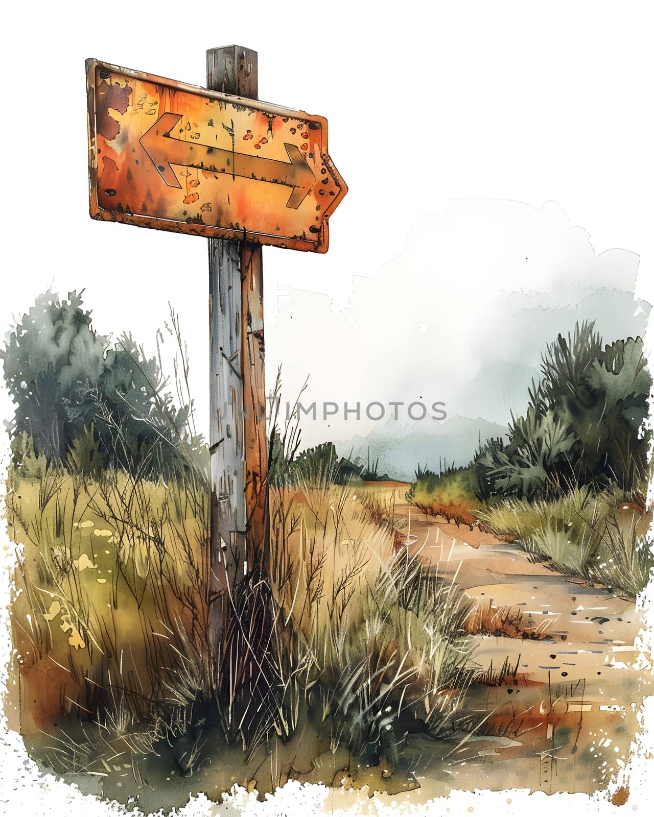 An art piece depicting a road in a natural landscape ecoregion with a sign pointing right. The painting includes sky, plants, grass, and wood elements