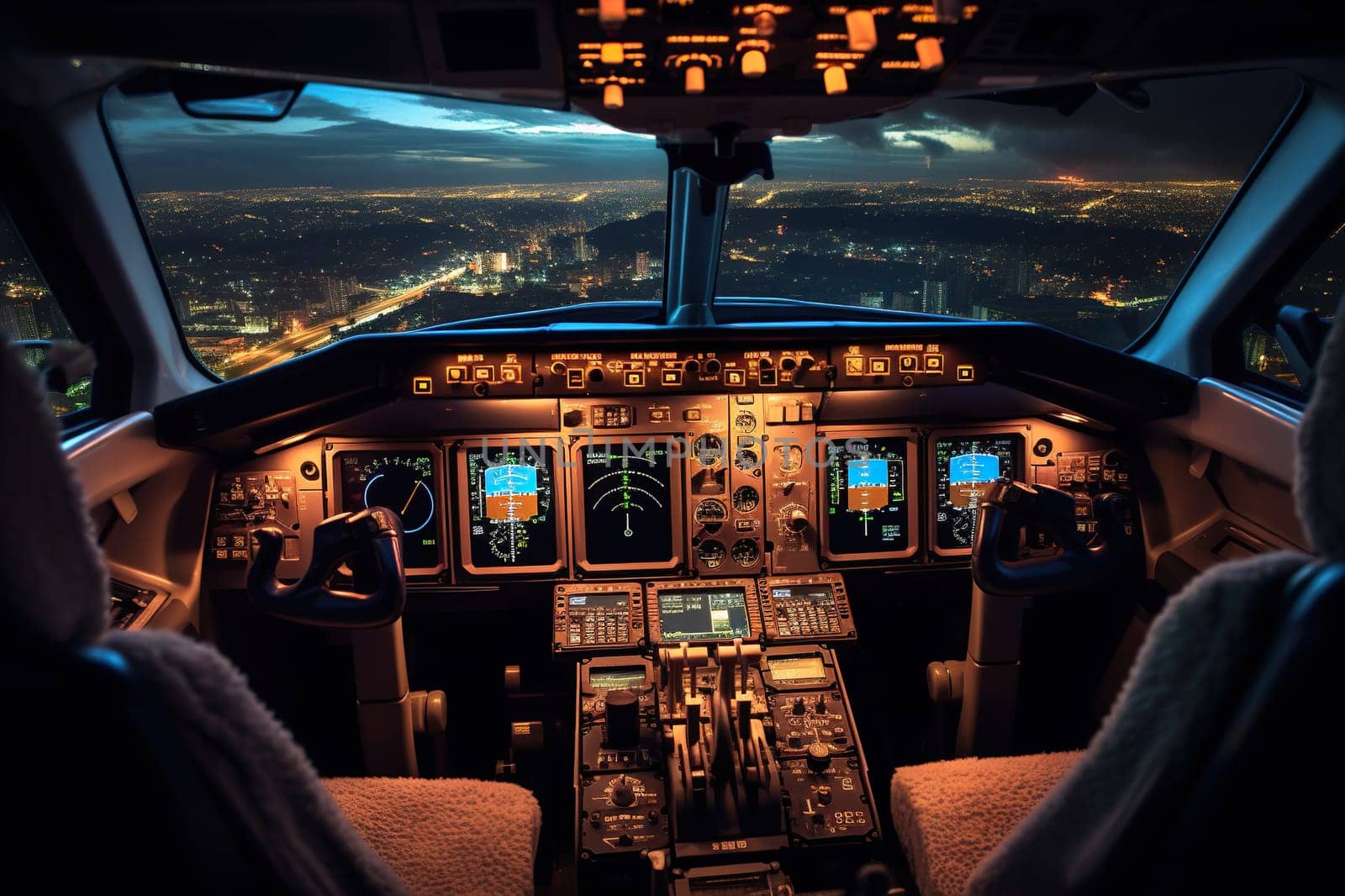 Inside view of an airplane cockpit with a glowing instrument panel.