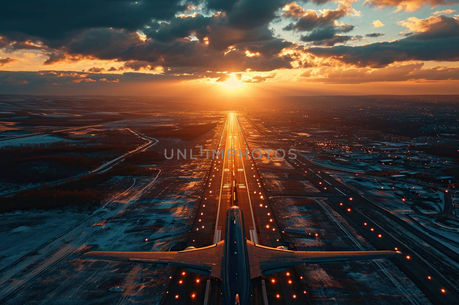 Top view of the runway with an airplane at sunset, dawn.