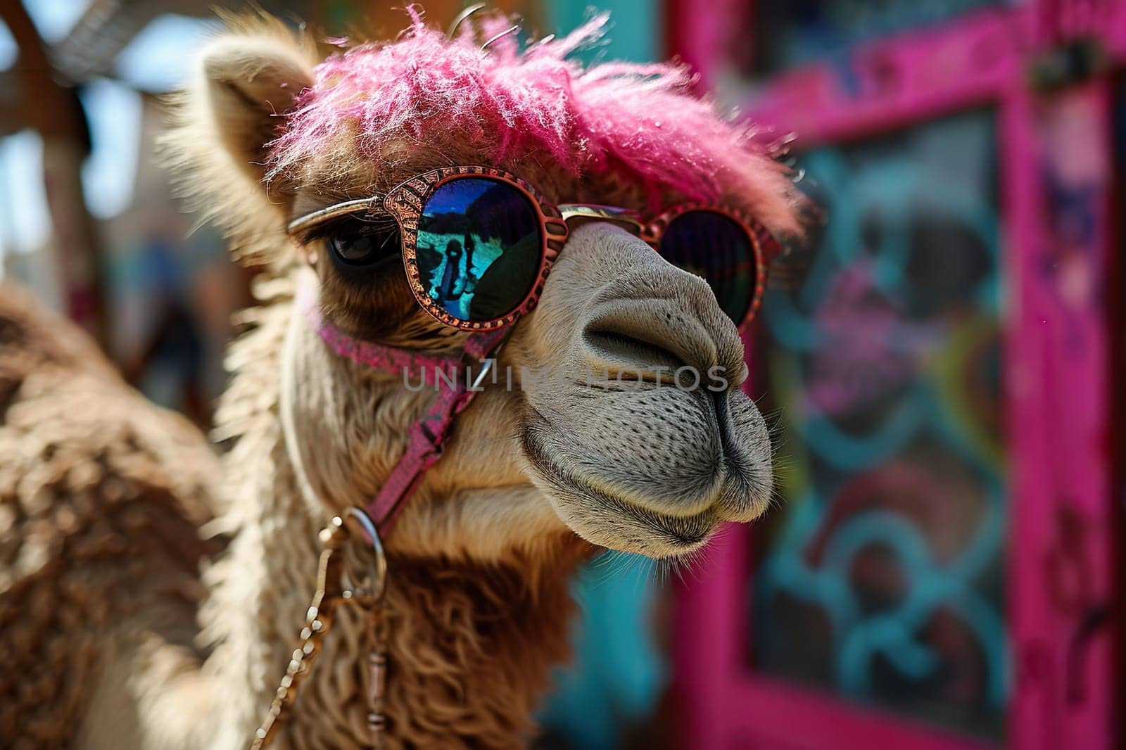 Hippie camel with a pink mane in sunglasses on a blurred background.