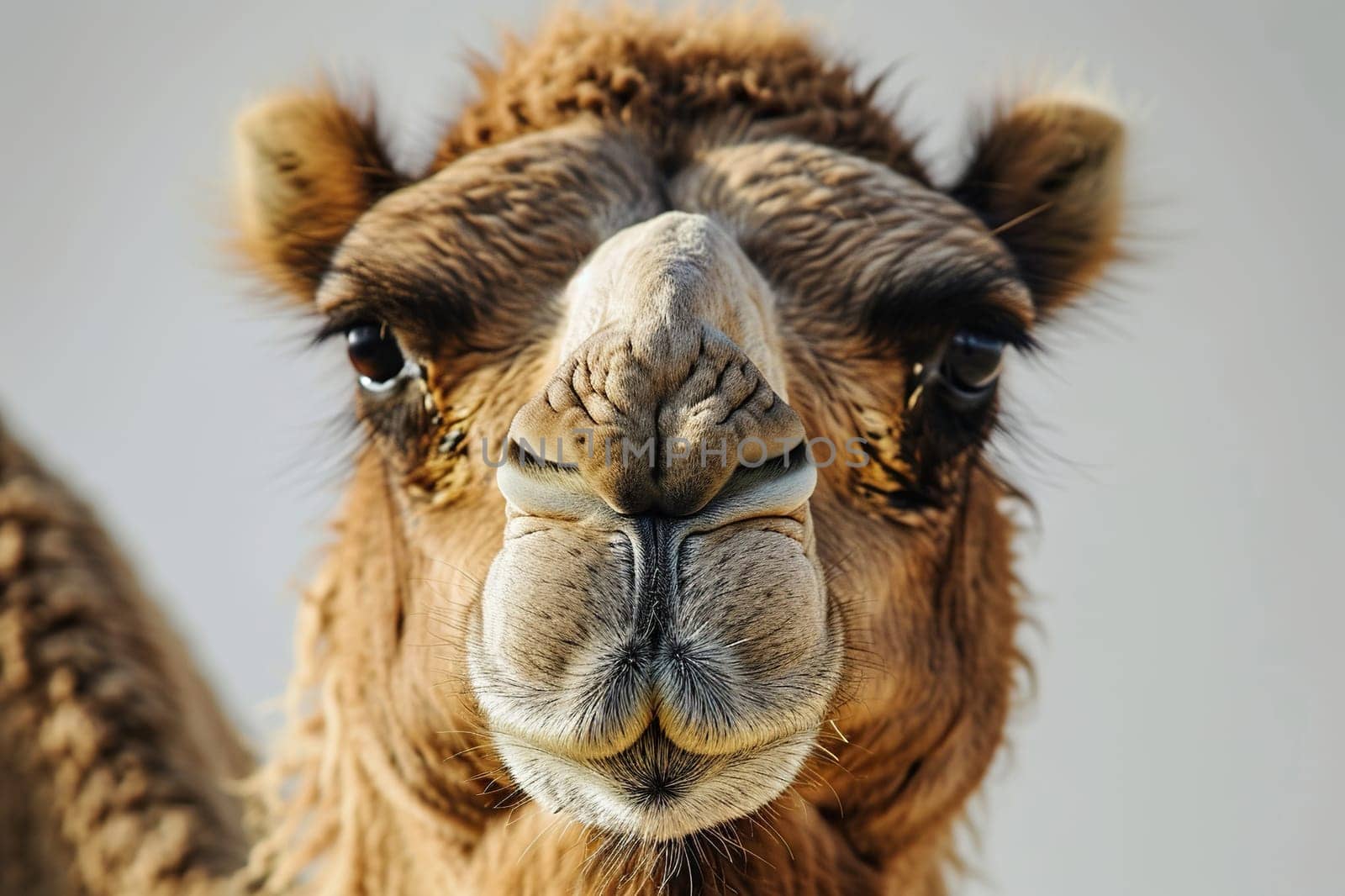 Close-up portrait of an adult camel on a white background.