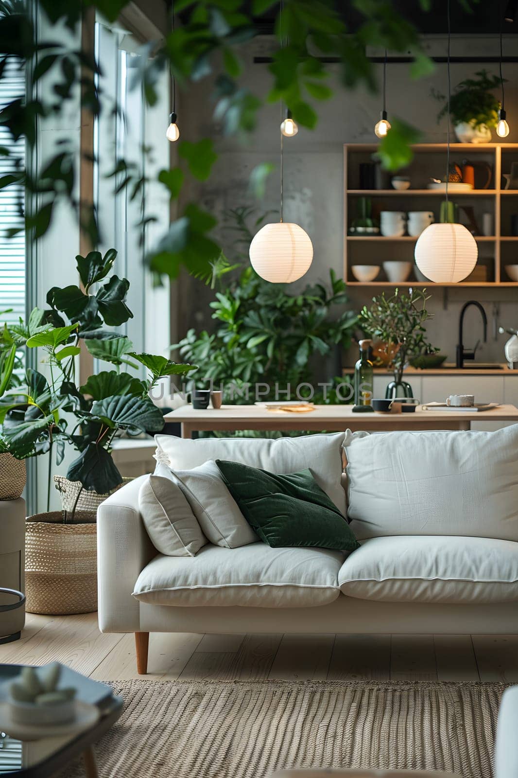 A living room with a white couch, wooden tables, and lots of plants by the window. The rectangular building has white walls