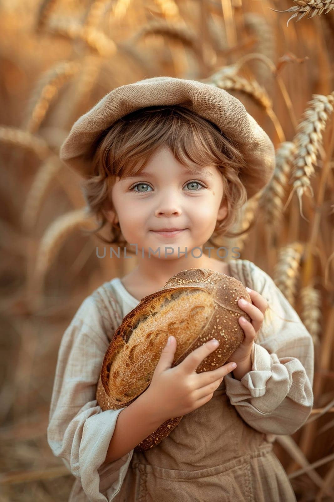 child holding bread in his hands in a wheat field. selective focus by mila1784