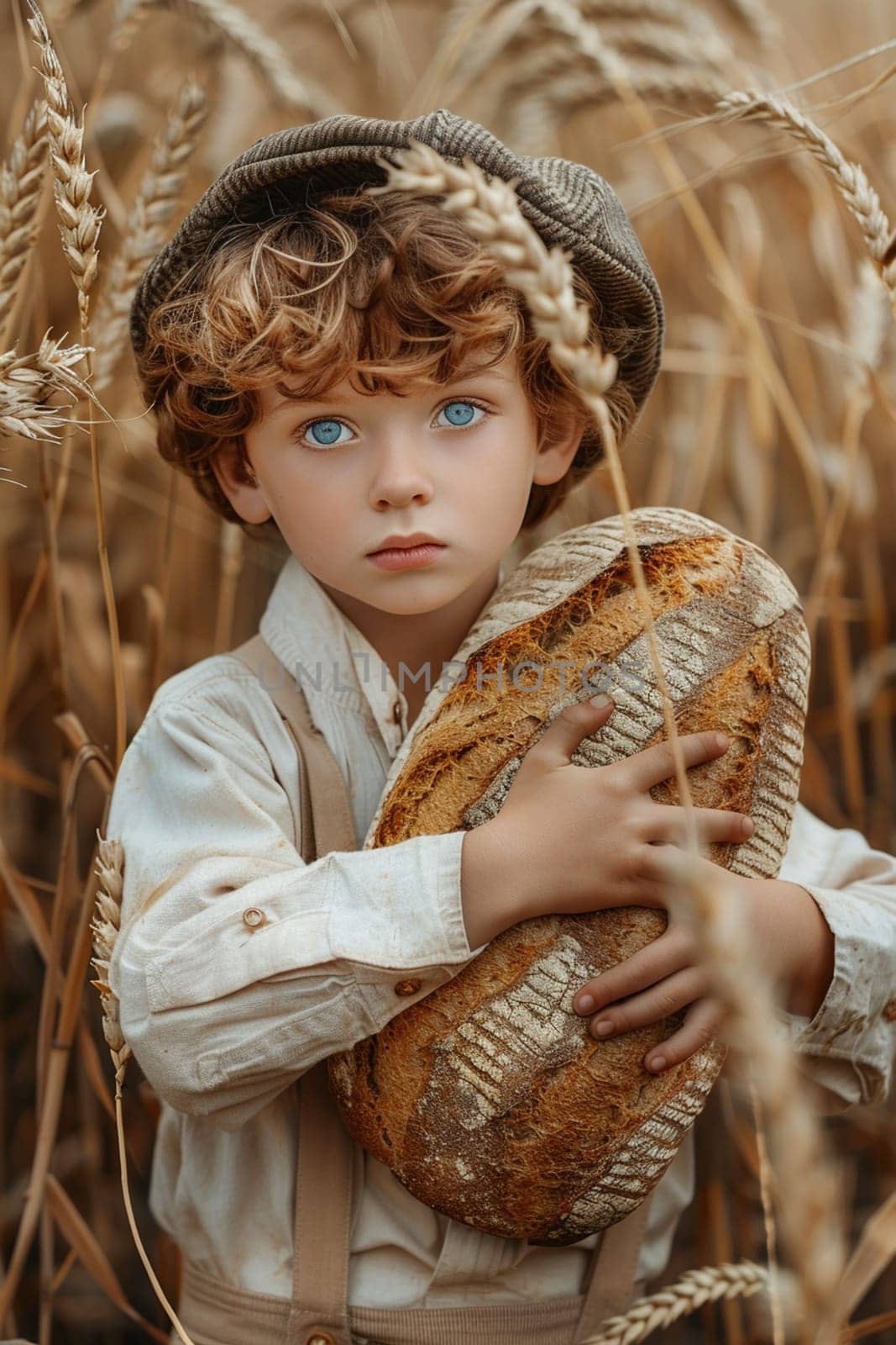 child holding bread in his hands in a wheat field. people selective focus