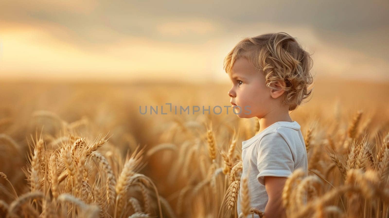 a child stands in a wheat field. children selective focus