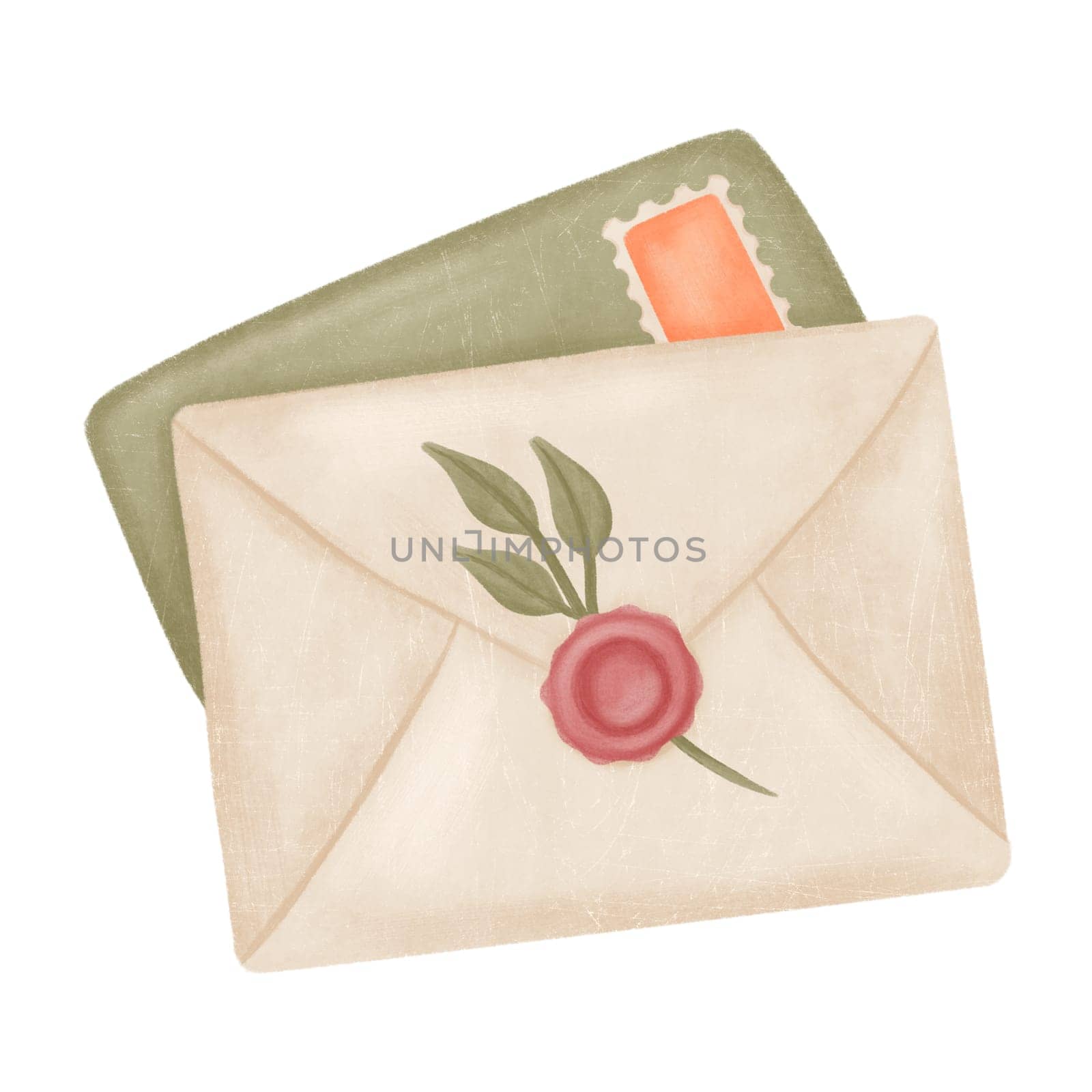 illustration of funky retro airmail envelope with stamp isolated on white background by alenabo_art