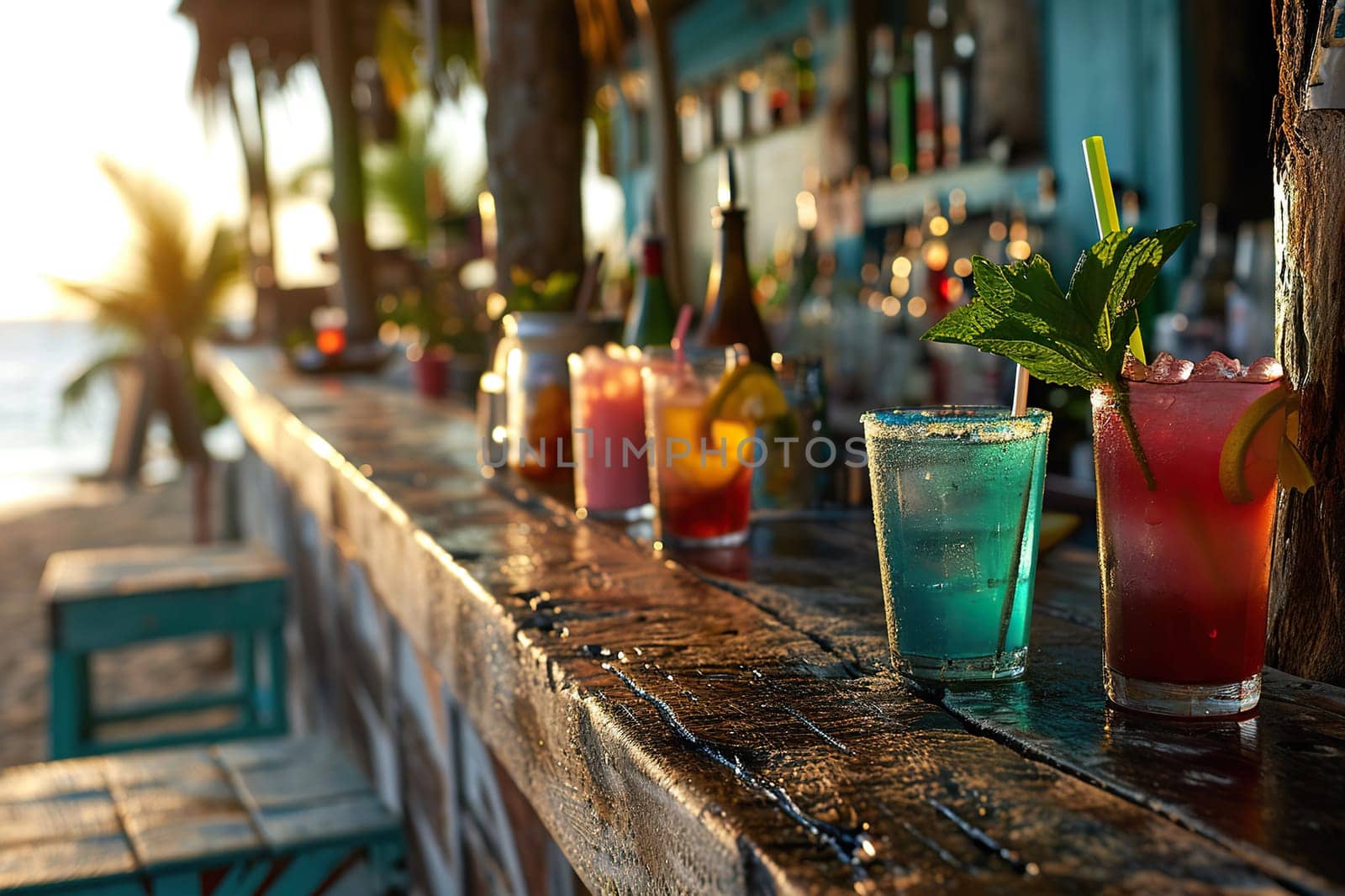 Wooden bar counter with summer cocktails on the seashore.