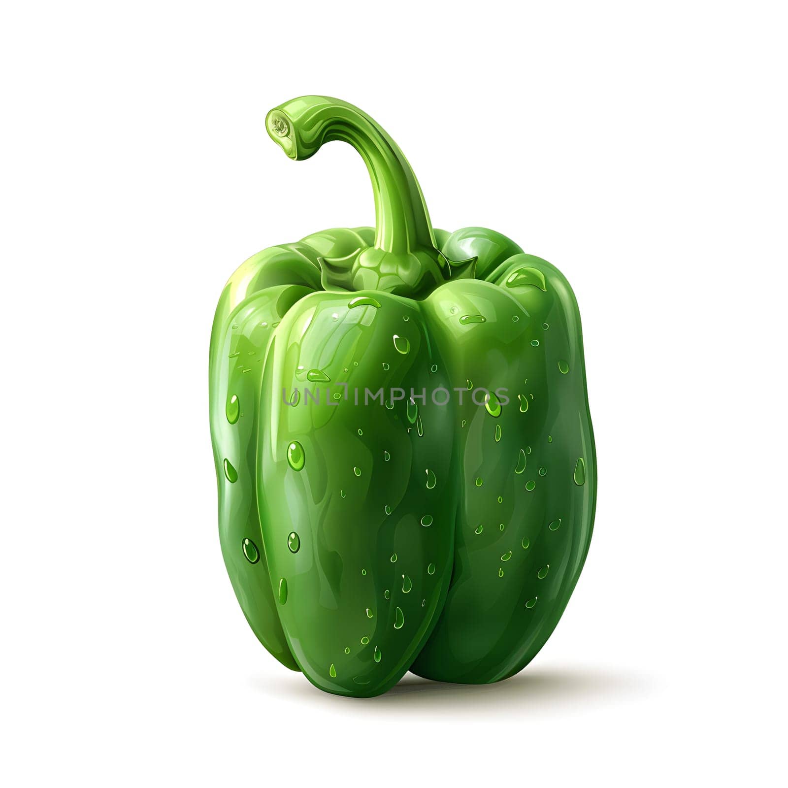 A fresh green bell pepper, a staple food ingredient, with water drops on it. An image of a natural food plant from the Capsicum family, commonly used in cooking as a vegetable