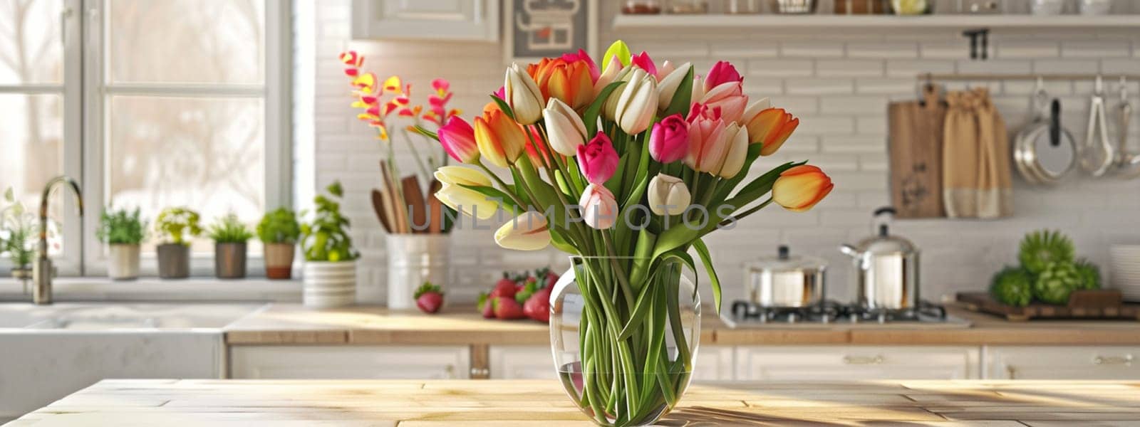 bouquet of beautiful tulips in a vase. selective focus, Generative AI,