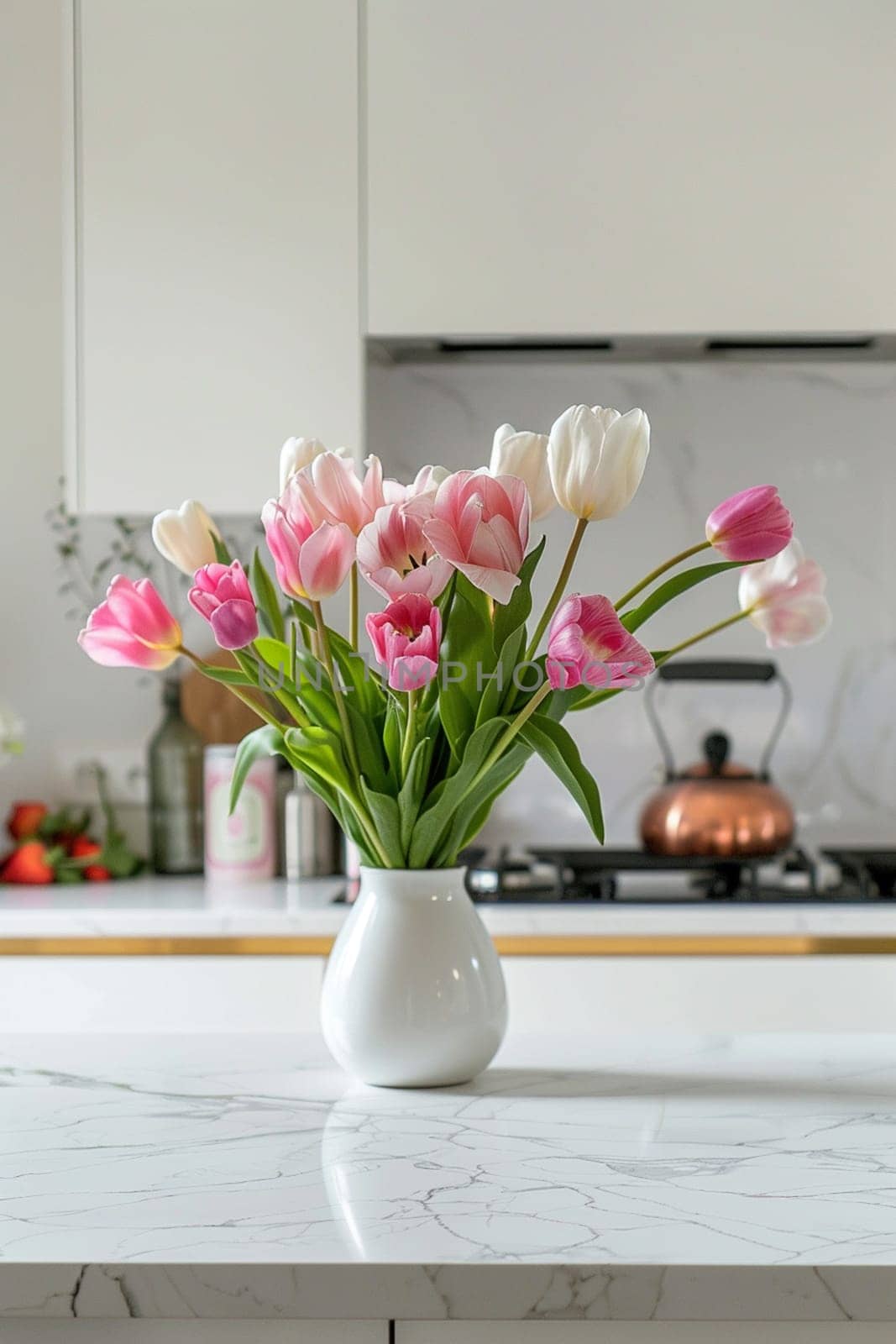 bouquet of beautiful tulips in a vase. selective focus, Generative AI,