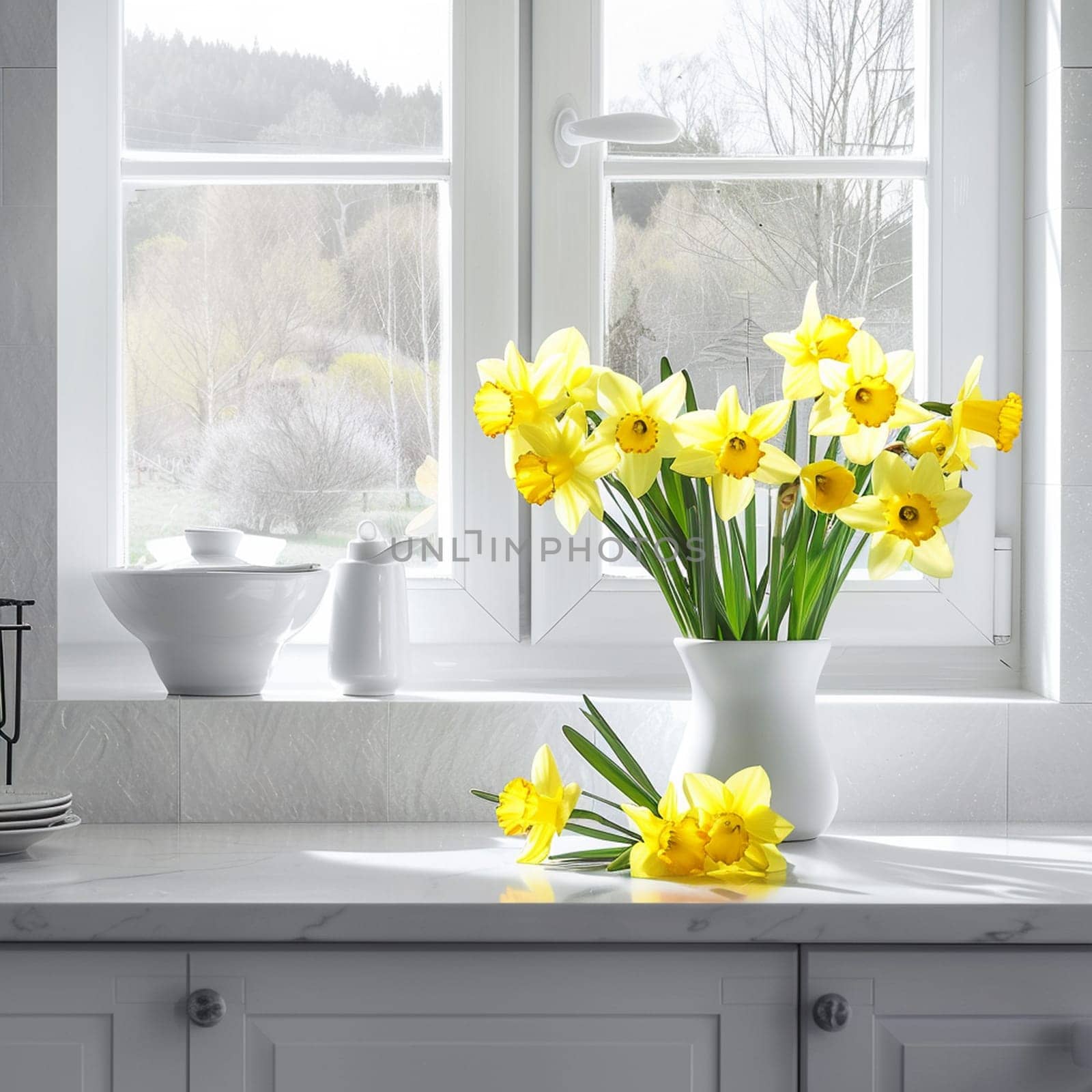 bouquet of daffodils in a vase, selective focus, Generative AI,