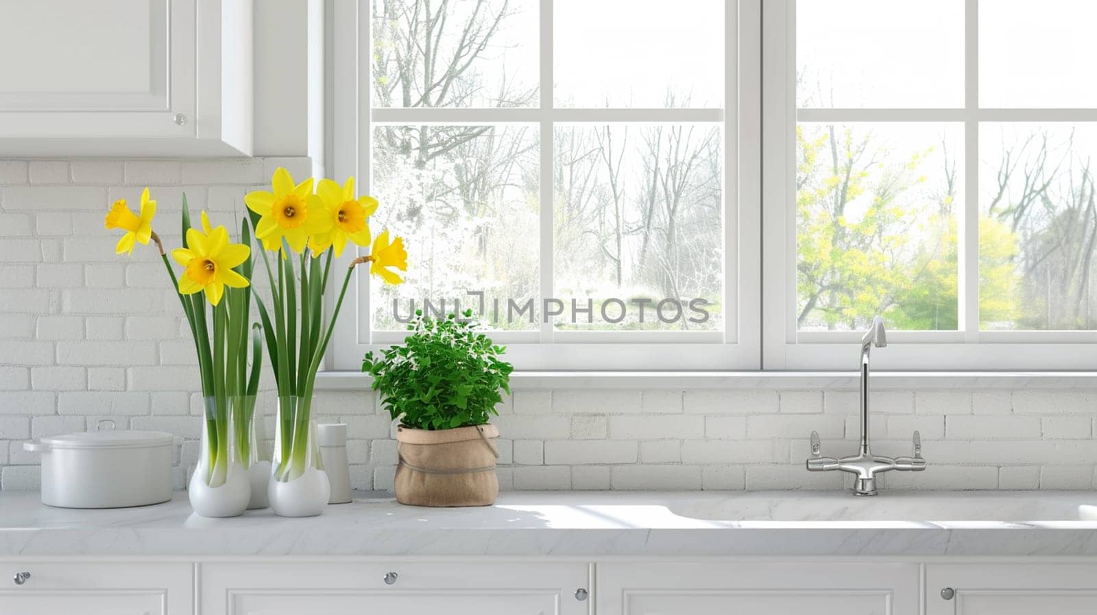 bouquet of daffodils in a vase, selective focus, Generative AI,