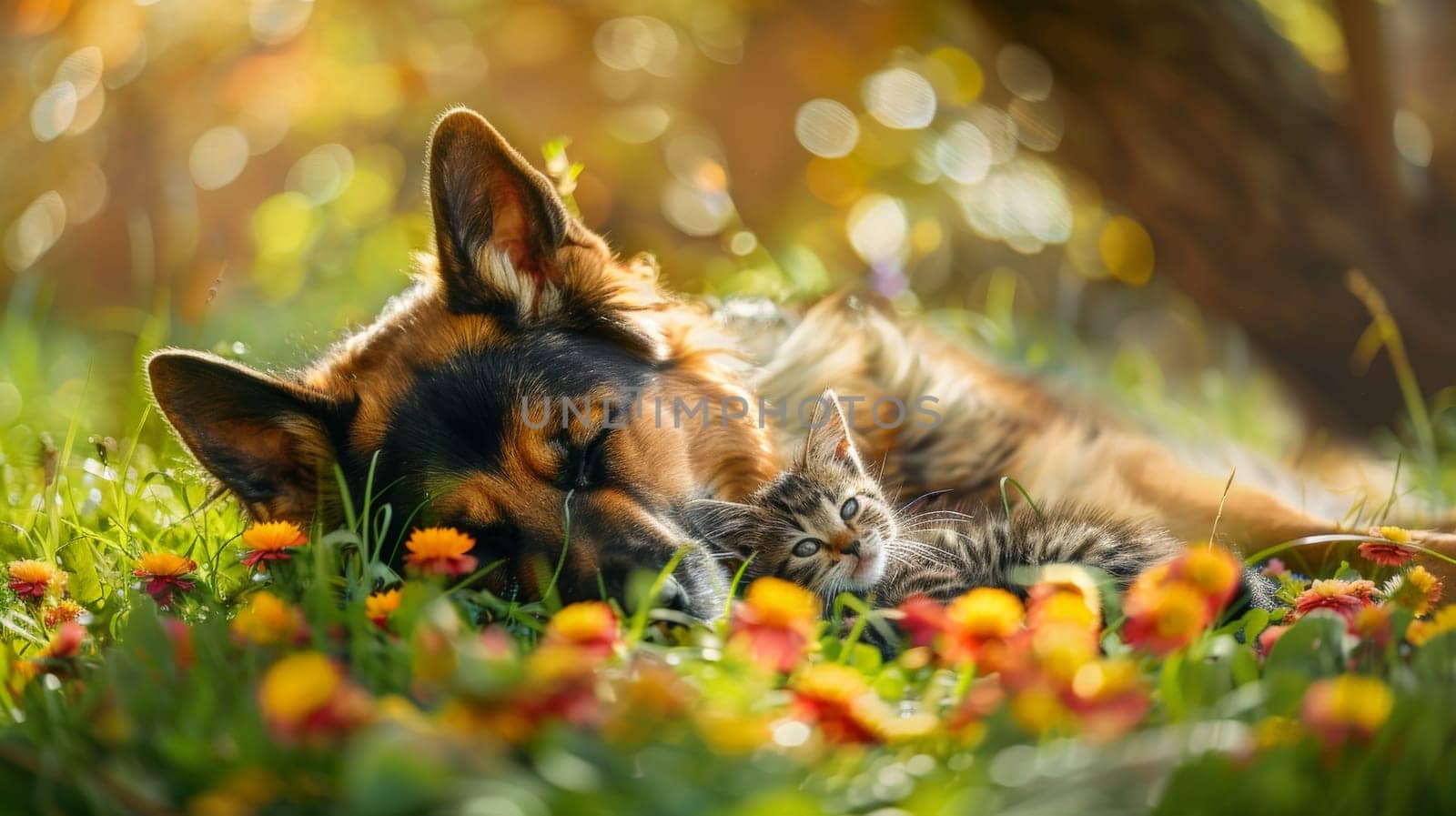 dog and kitten lying closely together in the grass and flower under the tree with sunlit on summer by nijieimu