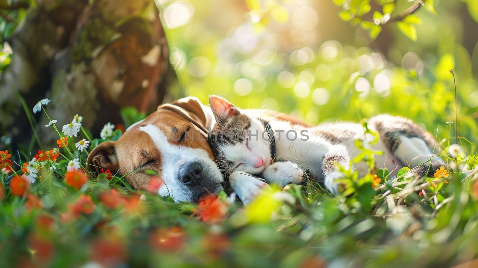 dog and kitten lying closely together in the grass and flower under the tree with sunlit on summer.