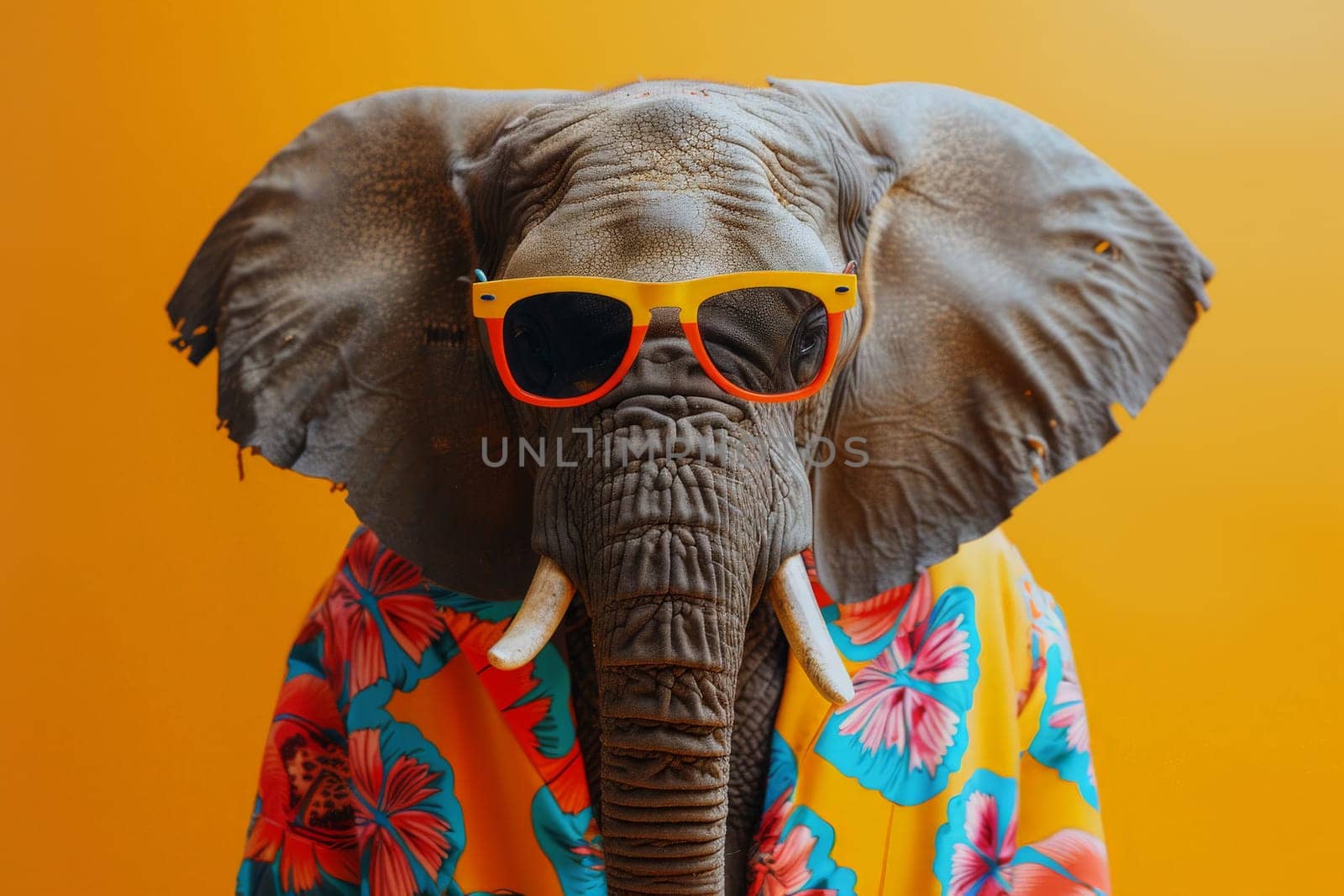 a stylish Elephant wearing sunglasses and summer suit on color background, animal funny pop art by nijieimu
