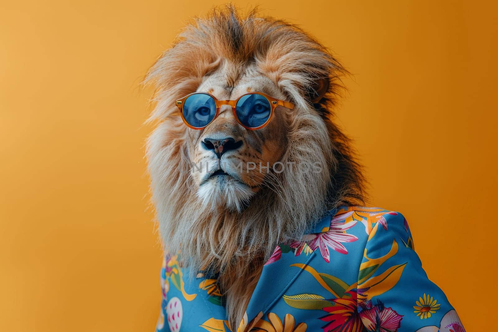 a stylish Lion wearing sunglasses and summer suit on color background, animal funny pop art by nijieimu