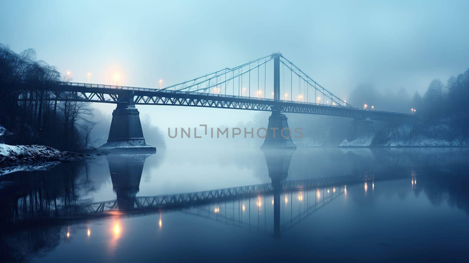 A beautiful bridge with arches over the water in thick morning fog.