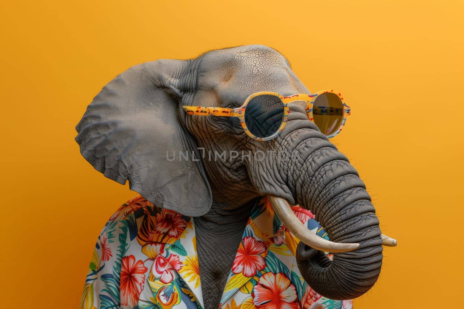 a stylish Elephant wearing sunglasses and summer suit on color background, animal funny pop art.