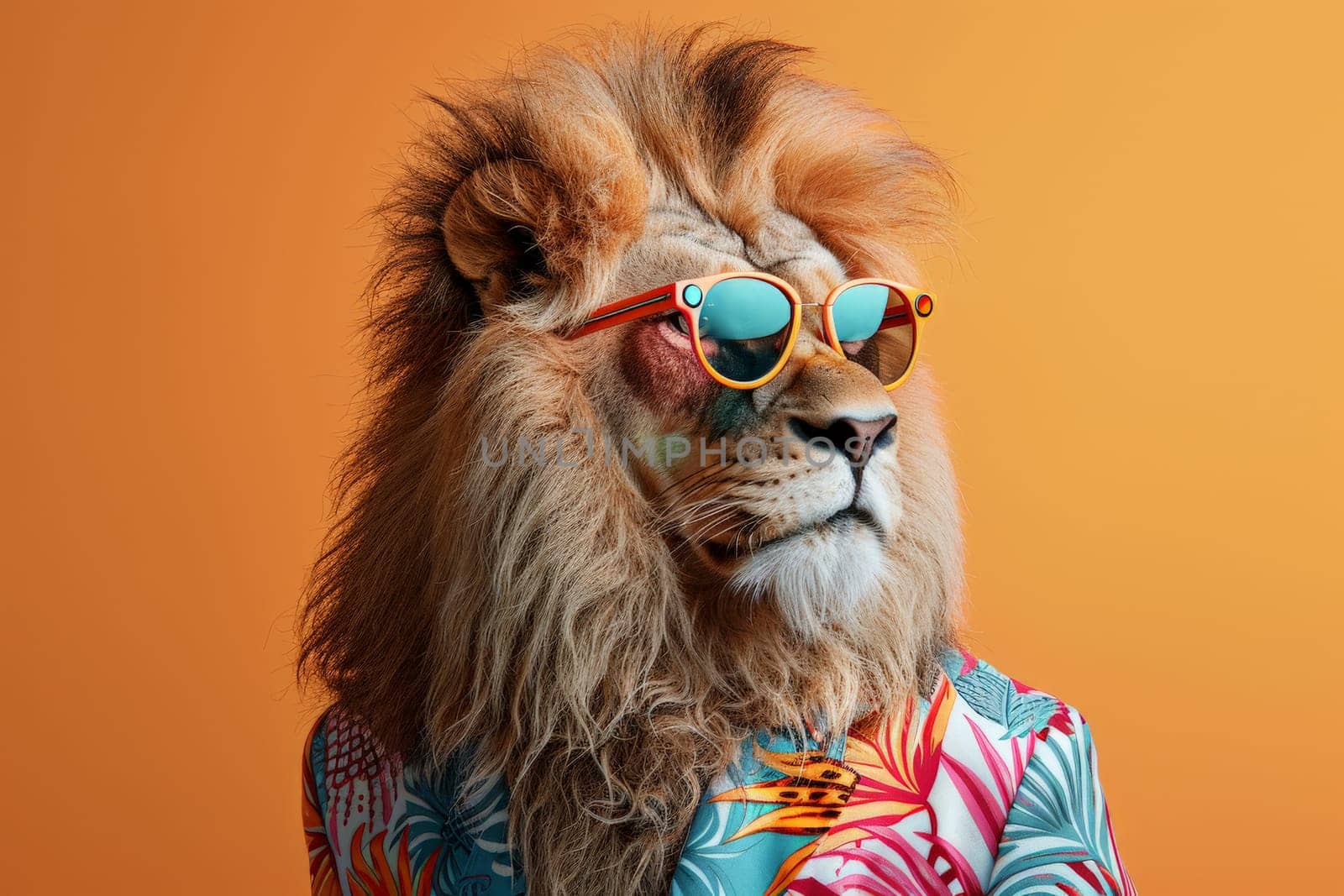 a stylish Lion wearing sunglasses and summer suit on color background, animal funny pop art by nijieimu
