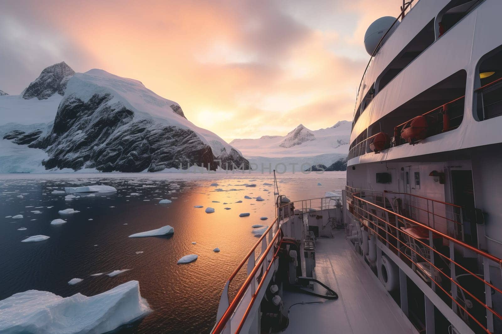 Antarctica cruise sunset. Winter arctic ocean. Generate Ai