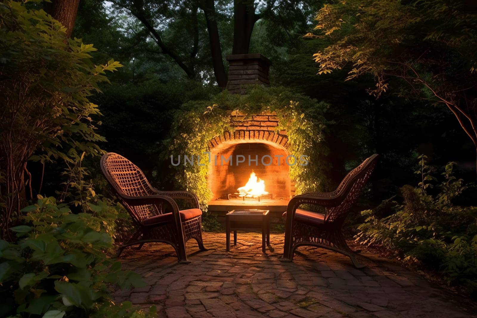 Backyard flame fireplace chairs. Generate Ai by ylivdesign