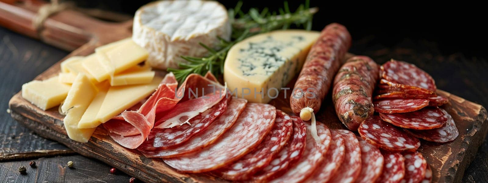Board with sliced sausage and gourmet cheeses. food selective focus. Generative AI,