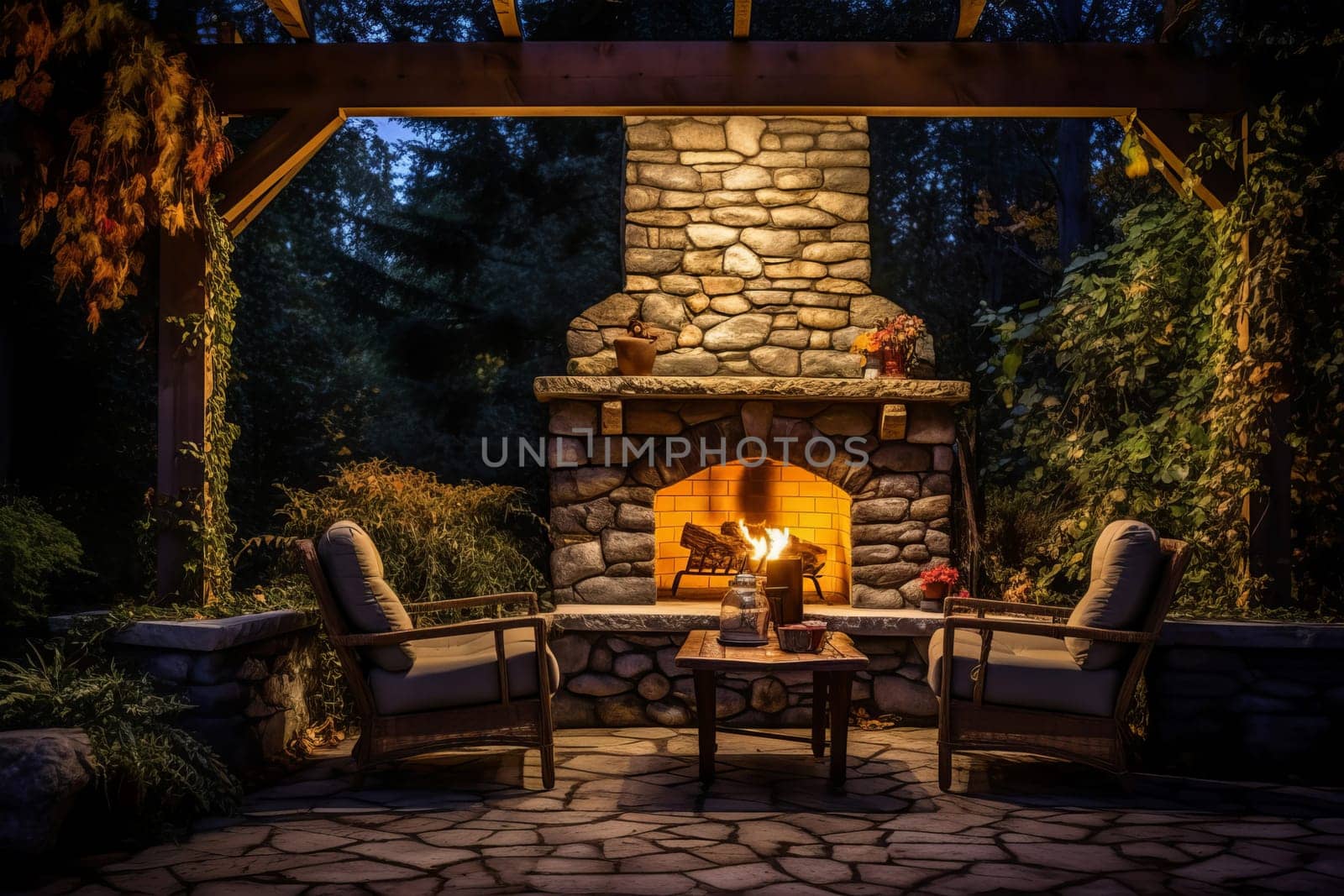 Backyard fireplace chairs stones. Summer nature. Generate Ai