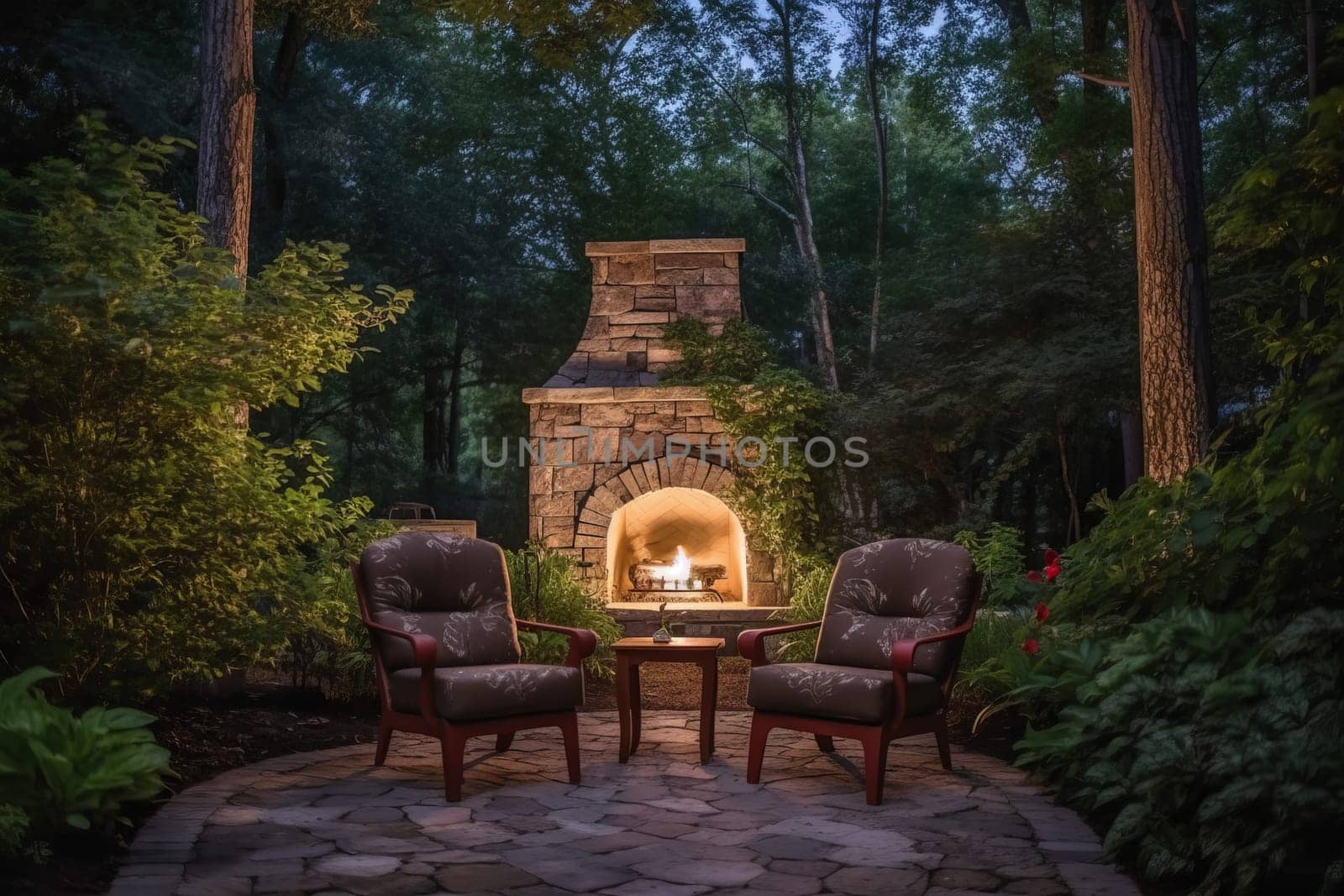 Backyard fireplace chairs house. Nature tree. Generate Ai