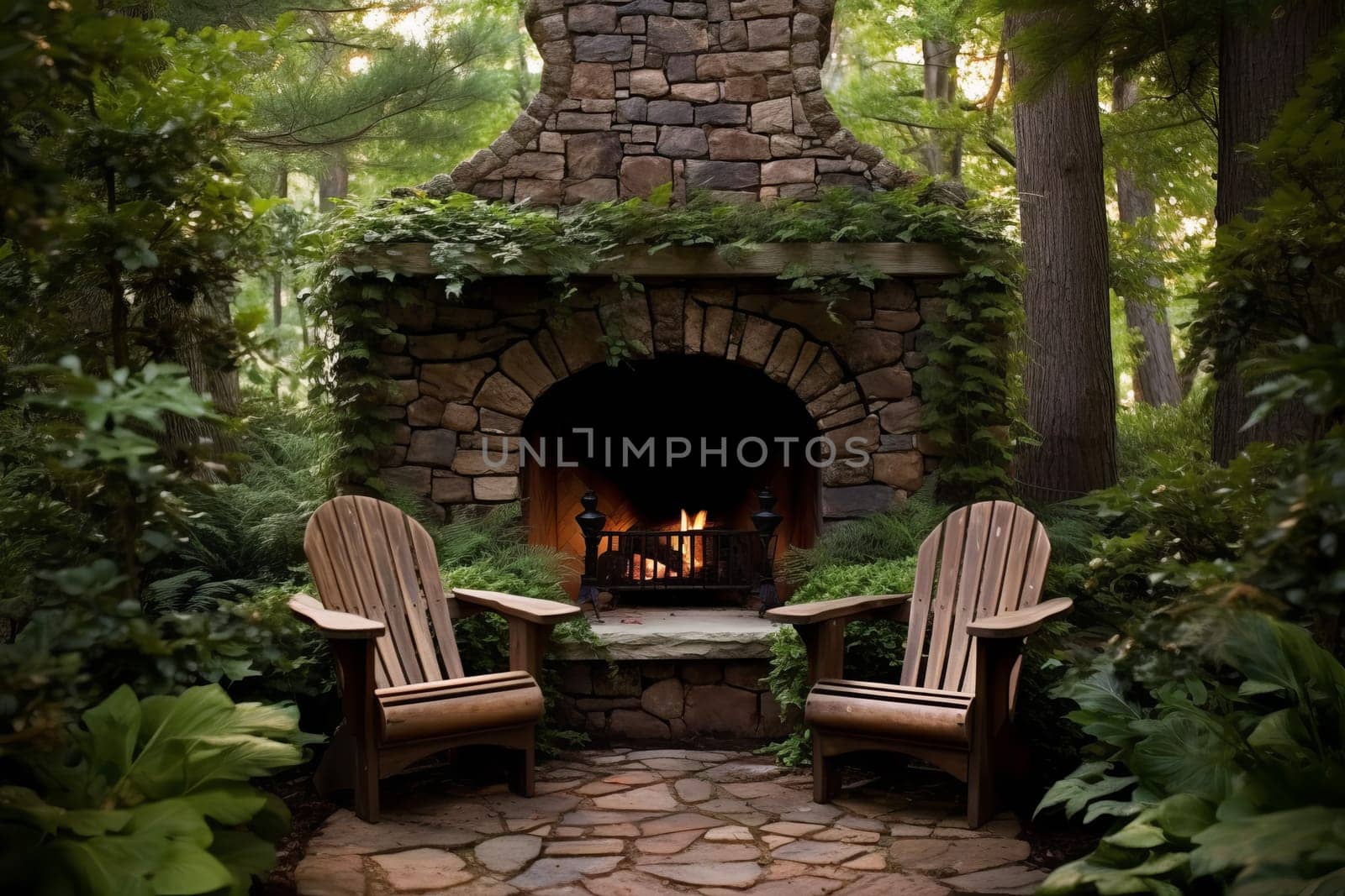 Backyard fireplace wood chairs. Plant furniture. Generate Ai