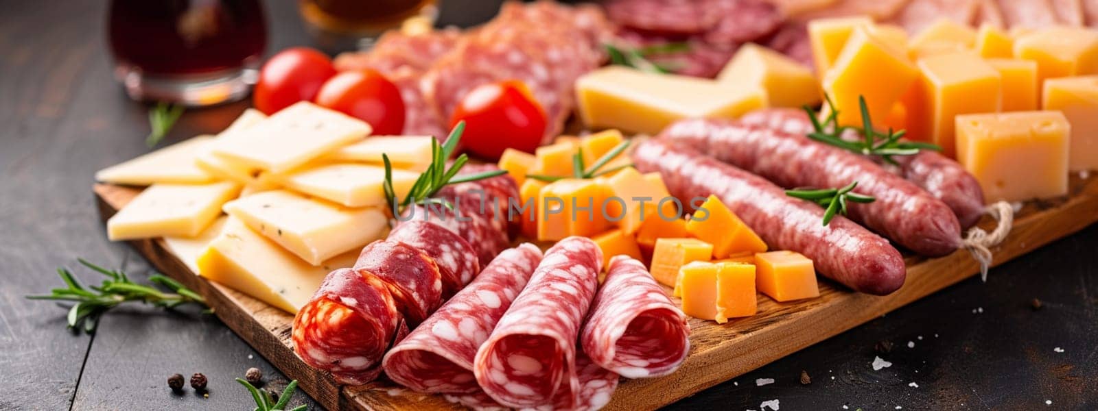 Board with sliced sausage and gourmet cheeses. food selective focus. Generative AI,