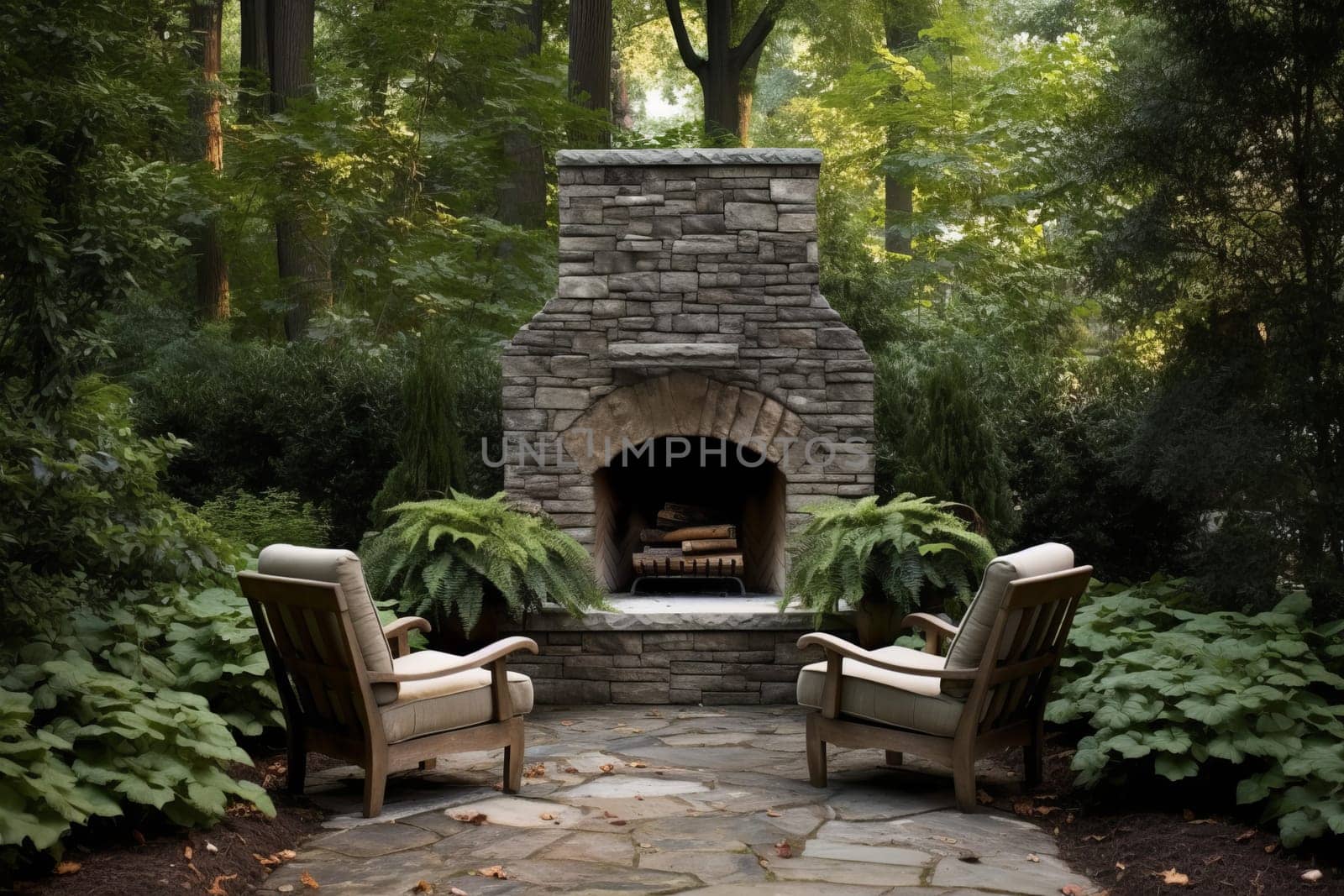 Backyard stone fireplace chairs. Generate Ai by ylivdesign