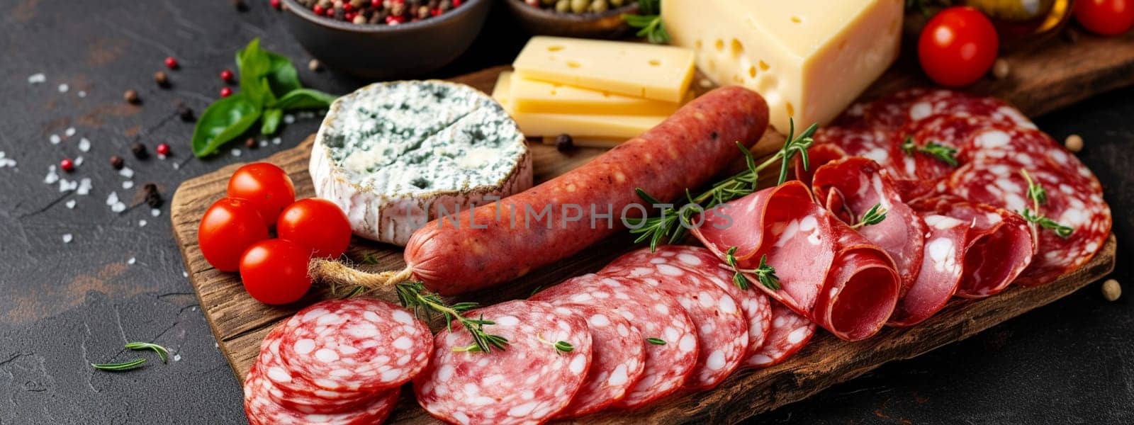 Board with sliced sausage and gourmet cheeses. food selective focus. Generative AI,