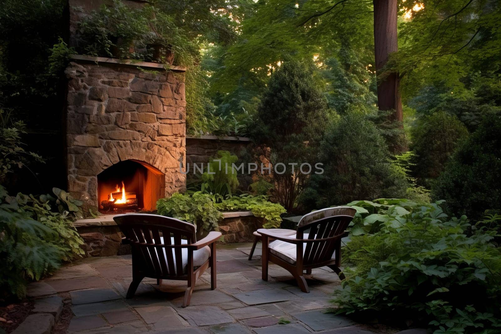 Backyard fireplace chairs relax. Generate Ai by ylivdesign