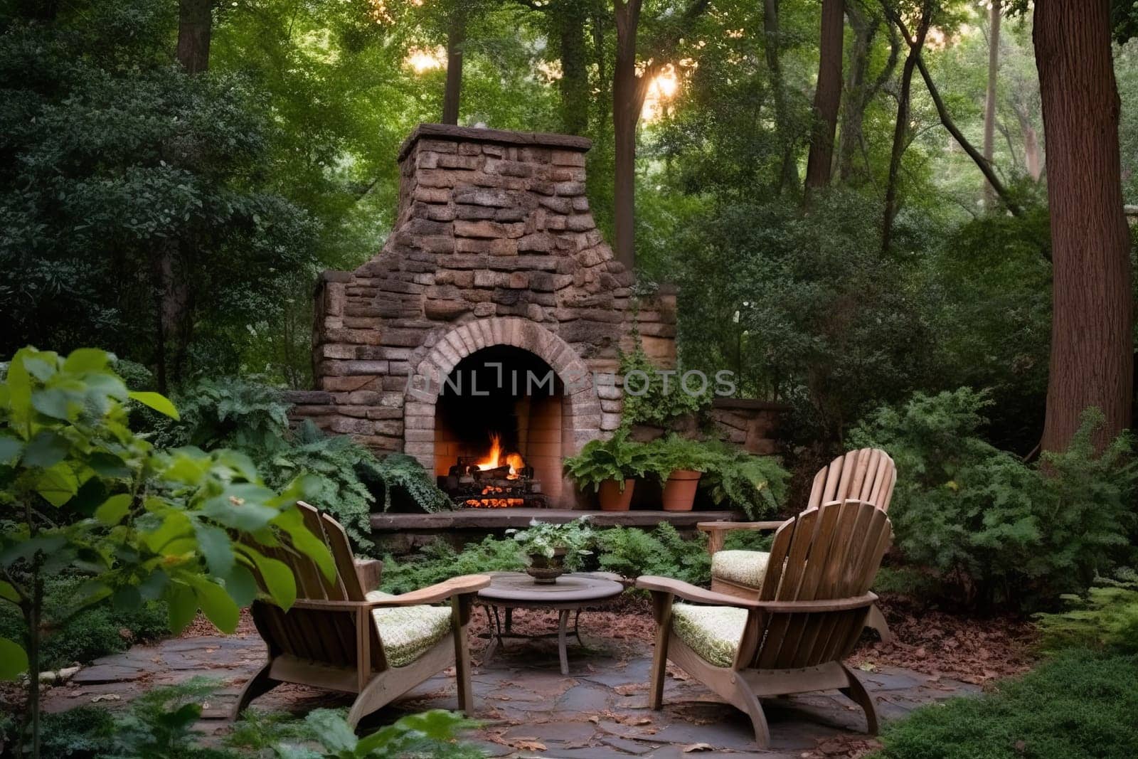 Backyard fireplace chairs nature. Generate Ai by ylivdesign