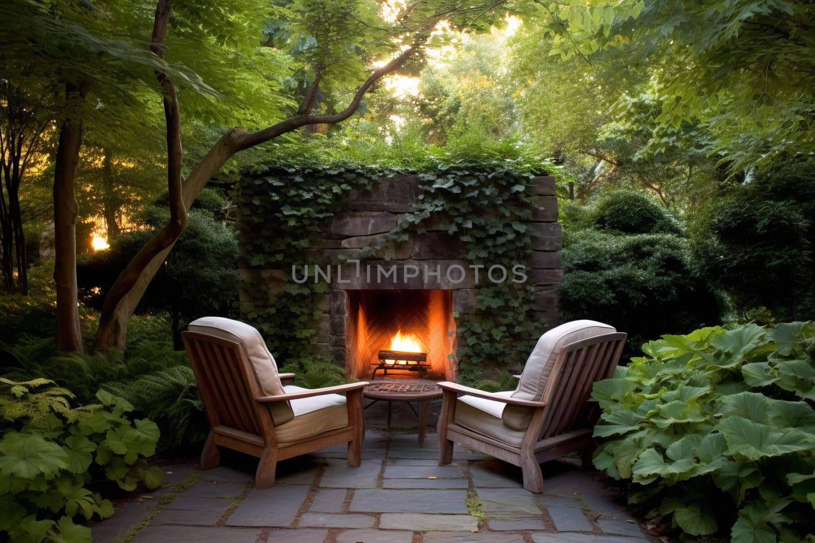 Backyard fireplace chairs decoration. Sofa picnic. Generate Ai