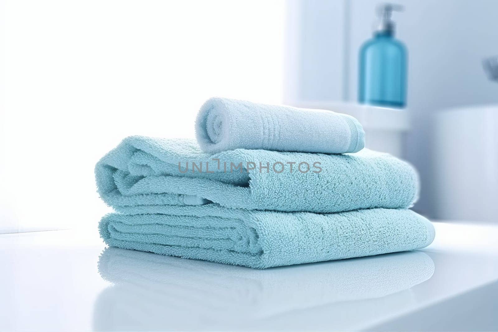 Bathroom interior blue towel. Generate Ai by ylivdesign