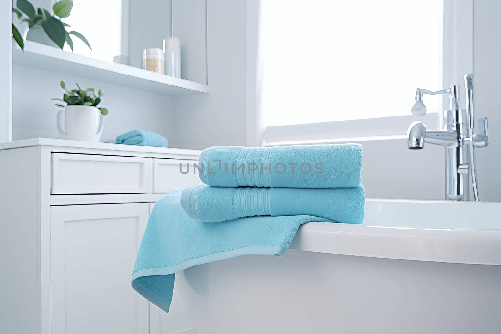 Bathroom interior blue towel bathtub. Generate Ai by ylivdesign