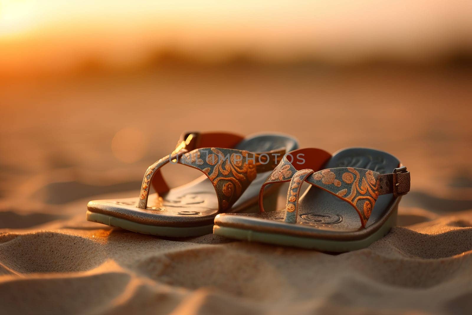 Beach sandals sunset. Generate Ai by ylivdesign